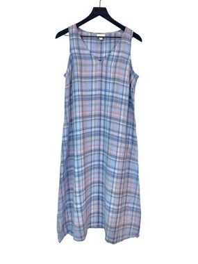 J Jill Love Linen Blue and Pink Plaid Petite Dress